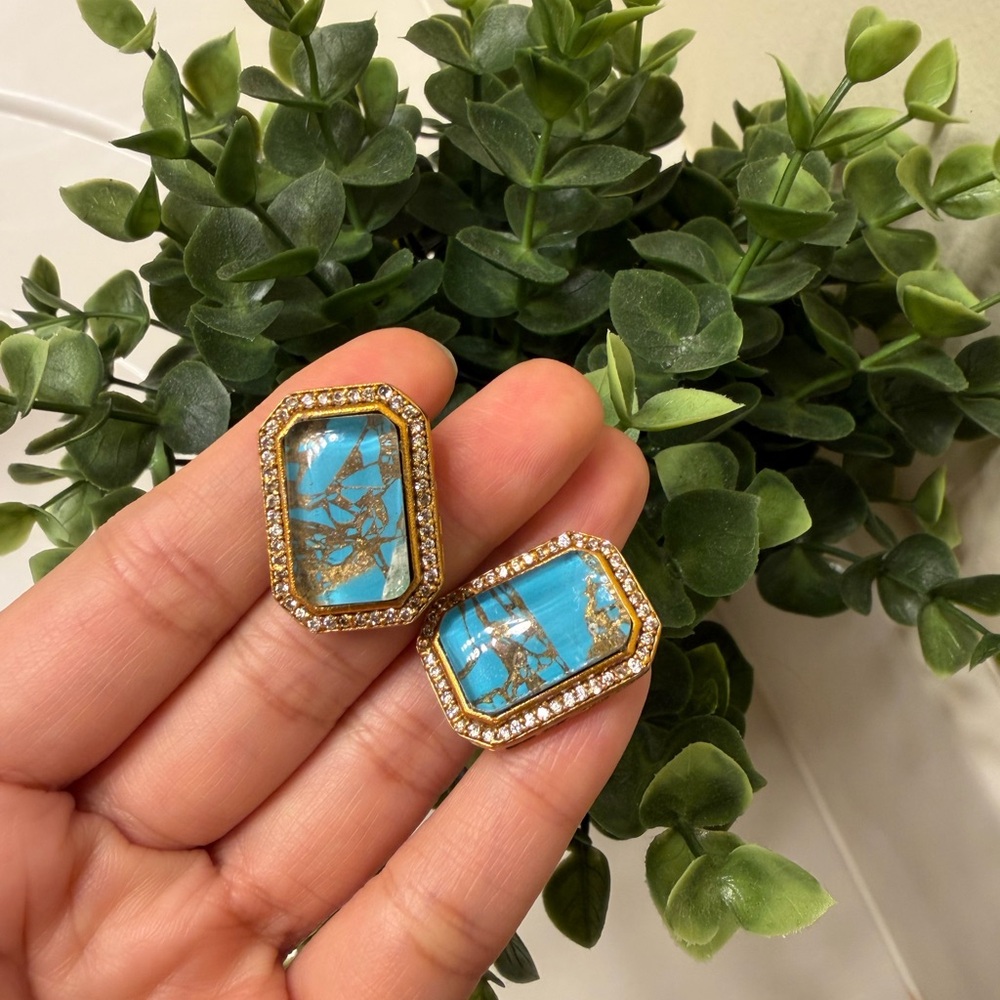 Turkish feroza stone and Gold Geometric studs